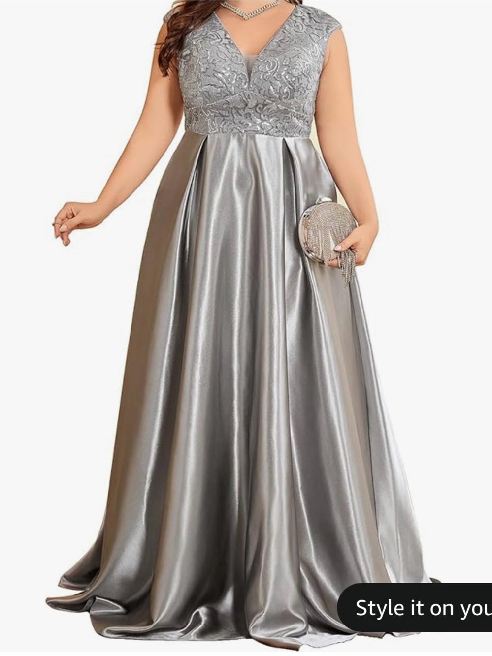 Silver Lace Bodice Satin A-Line Evening Dress